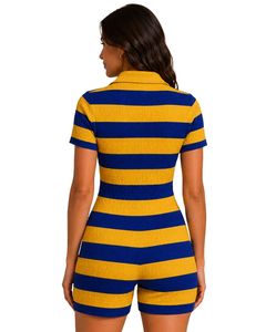 Yellow And Royal Blue Striped Knit Romper Women Short Sleeve Polo Collar Cotton Summer Casual Playsuit One Piece Custom Design - Product Image 2