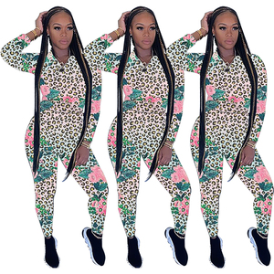 Mono de manga larga con estampado floral de leopardo para mujer, cintura alta, ajuste ceñido, cuello redondo, largo completo, elástico, estilo urbano - Product Image 6