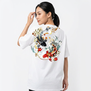 Camiseta Blanca de Manga Corta para Hombre, Estampado de Peces Koi y Flores, Cuello Redondo, Corte Holgado Informal, 100% Algodón, Transpirable, Diseño Tejido Bordado - Product Image 6