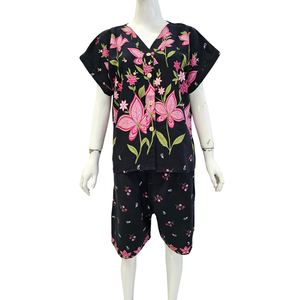Conjunto de Pijama de Algodón con Estampado Floral para Mujer, Manga Corta, Cuello en V, Pantalones Cortos con Cordón, Ropa de Dormir Informal de Verano, Teñido Suave - Product Image 1