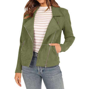 Vestes pour femmes en daim de style motard vert avec fermeture à glissière asymétrique col à revers manches longues recadrée Moto Fit Look Vintage moderne - Product Image 3
