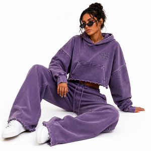 Conjunto Deportivo de Sudadera con Capucha Corta y Pantalones Anchos de Felpa Francesa, Lavado Ácido, Color Morado, 100% Algodón, Marca ONE APEX para Mujer - Product Image 6
