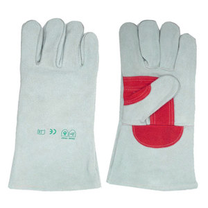 Gants de sécurité en coton, longueur poignet, non doublés, style uni, écologiques, pour usage domestique, gris avec patch rouge sur la paume - Product Image 1