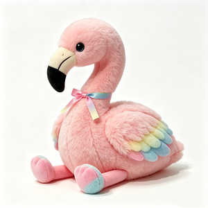 Peluche de flamenco sentado, adorable peluche de flamenco sentado con plumas pastel y cinta arcoíris, flamenco rosa de ojos grandes. - Product Image 1