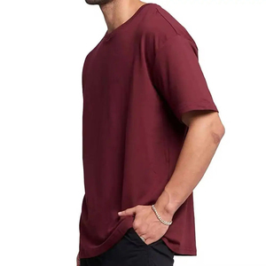 เสื้อยืดคอตตอนสีแดงเลือดหมูทรงโอเวอร์ไซส์สำหรับผู้ชาย แขนสั้น คอกลม ผ้าเจอร์ซีย์ถักแบบเรียบ - Product Image 6