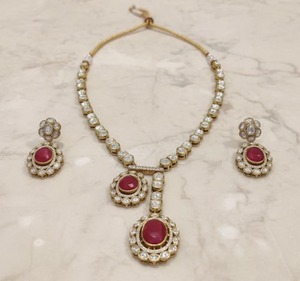 Luxury <b>Ruby</b> Red Pendant <b>Necklace</b> Set Gold Plated Kundan Polki Bridal Wedding Jewelry with Matching Earrings for Women - Product Image 4