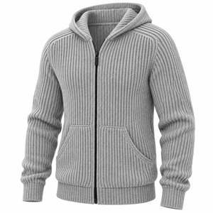 <b>Men's</b> Gray Knitted Hooded Zipper <b>Cardigan</b> Full Sleeve Solid Color Autumn Wear OEM Services Available - Product Image 4
