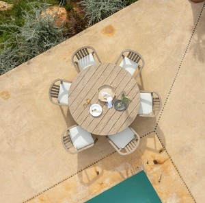 Premium Solid Teak Wood Outdoor Dining <b>Set</b> Round <b>Garden</b> Table with 6 Curved Armchairs - Product Image 3