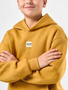 Winter <b>Kids</b> Unisex Hooded Sweatshirt and Jogger Pants <b>Tracksuit</b> Set Yellow Top <b>Black</b> Side Stripe Pants Fleece Loose Fit - Product Image 6