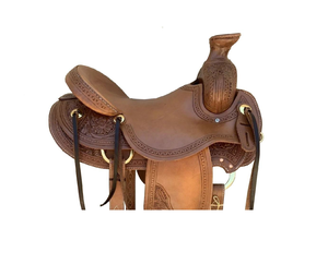 Sillín de cuero occidental marca Big Horn LLT con estructura de fibra, cuero teñido a la cera, para equitación de placer, senderismo y carreras, con juego de aparejos y herramientas artesanales. - Product Image 3