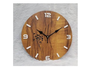 Horloge murale moderne en bois d'acacia, horloge murale ronde en bois, horloge analogique à quartz moderne, motif floral, chiffres blancs, alimentation par piles - Product Image 1