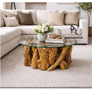 Mesa de Centro Multifuncional Hecha a Mano de Madera Maciza Ecológica y Duradera con Tapa de Vidrio para Sala de Estar - Product Image 1