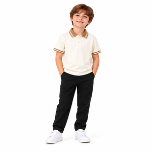 Kids Boys <b>Cream</b> Ribbed Knitted Polo Shirt Oversized Contrast Brown Stripe Collar Short Sleeve Casual Cotton Summer Fashion Top - Product Image 1