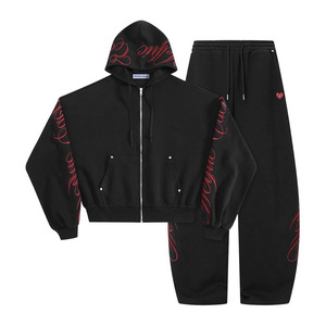 Boxy Embroidery Sweat <b>Set</b> for Women Men Oversized 2 Piece Lounge Matching <b>Set</b> Zip Up Hoodie Casual Streetwear - Product Image 5