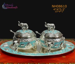 Nirmala Handicrafts Silver Elephant Serving Set 1PC Tray Lid Spoon Modern Design Handcrafted Decorative <b>Object</b> Rajasthan Metal - Product Image 1