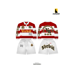 Custom Red & <b>White</b> Rugby Set | Striped Long Sleeve <b>Polo</b> Shirt & Shorts | OEM Preppy Streetwear Varsity Sportswear Manufacturer - Product Image 1