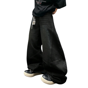 Jean en denim noir ample pour homme, coupe décontractée, jambe large, style streetwear, pantalon délavé, longueur intégrale, tenue décontractée et tendance - Product Image 5