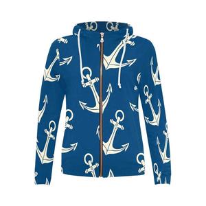 Women Navy Blue Anchor Print Hooded <b>Zip</b>-<b>Up</b> Jacket Regular Fit Full Sleeve Windproof Knitted 100% Cotton Lined Casual Summer - Product Image 2