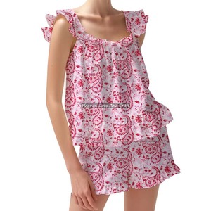 Femmes imprimé fleuri bloc coton main nuit costume Shorts pyjama ensemble printemps/été ajusté bretelles volants garniture manches PJ ensemble - Product Image 6