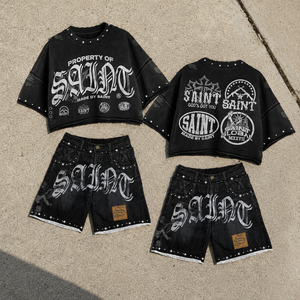 Vintage <b>Black</b> Solid Casual Knitted Oversized T <b>Shirt</b> Cargo Shorts Set Washed Finish Studded Trim Multi Pocket Streetwear Two - Product Image 4