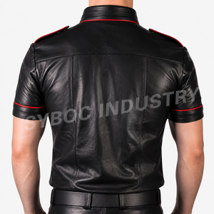 เสื้อเชิ้ตหนังสีดำสไตล์ไบค์เกอร์ แขนสั้น ปกคอพับ สไตล์ลำลอง สีพื้น สำหรับใส่ในฤดูร้อน - Product Image 4