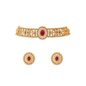 Joyería Tradicional India para Templo, Collar Chapado en Oro con Diseño Floral y Aretes con Circonitas para Novias y Bodas - Product Image 2