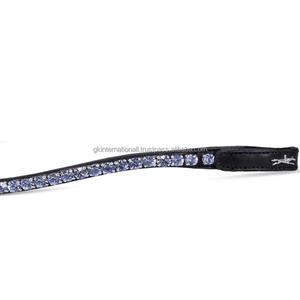 Deep Curved Shape Black English Leather Horse Brow <b>Band</b> with Single Row Blue Crystals Diamante Chain and <b>Snap</b> Button Loop End - Product Image 1