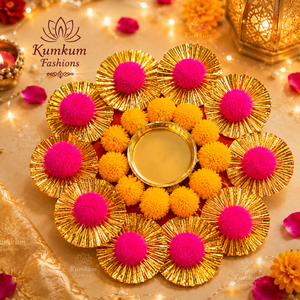 Porte-bougie décoratif Pom Pom Gota Mirror Rangoli pour Diwali, décoration de maison, centre de table de mariage, cadeau festif, bois et métal - Product Image 2