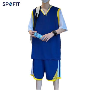 SPOFIT ชุดเสื้อบาสเก็ตบอลผู้ชายสีน้ำเงินสีเหลืองคอวีกางเกงขาสั้นโพลีเอสเตอร์แห้งเร็วเสื้อแขนกุดชุดกีฬาฤดูร้อน - Product Image 1
