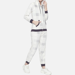 Chándal a cuadros con capucha para mujer, manga larga, cierre de cremallera, bolsillos laterales, ropa informal de otoño, corte regular, mezcla de poliéster y algodón - Product Image 2