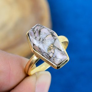 Natural Pink <b>Opal</b> Copper Coffin Shape Gemstone <b>Ring</b> 18k Gold Finish Over 925 Sterling Silver - Product Image 1