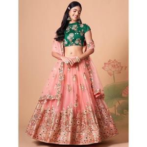 Filet de travail glamour pour miroir pêche Vêtements de mariage Lehenga Choli Miroir décoratif élégant Lehenga pour les mariées - Product Image 6