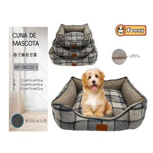 Yommy Checkered Linen Pet <b>Bed</b> Square <b>Nest</b> S M L Waterproof Non Slip Bottom Dog Cat <b>Bed</b> - Product Image 4