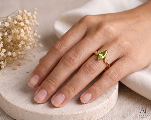 Anillo de Moissanita con Corte Marquesa y Peridoto, Chapado en Oro sobre Plata de Ley, Diseño de Racimo de Hojas, Joyería para Regalo de Boda o Compromiso - Product Image 6