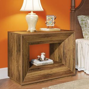 Mesa de Noche Rústica Marrón de 2 Niveles con Estante, Mesa de Noche Grande para Dormitorio - Product Image 5