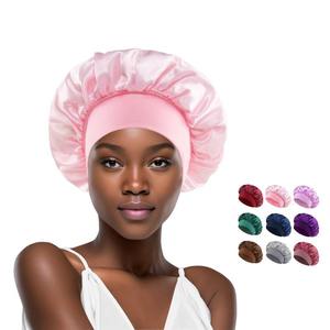 Custom Logo Women Wide Elastic Band Shinning <b>Silk</b> Satin Night Sleeping Chemo Hair Bonnet Hat Cap by Raw to Fine - Product Image 1