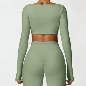 FONILBEST Women Yoga 2 Piece Set Front Pink Square Neck Long Sleeve <b>Crop</b> <b>Top</b> Solid Color Spandex/Polyester Sportswear Fashion - Product Image 5