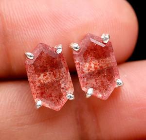 Boucles d'oreilles hexagonales en quartz rouge naturel, argent sterling 925 plaqué or, bijoux minimalistes faits à la main, cadeau - Product Image 5