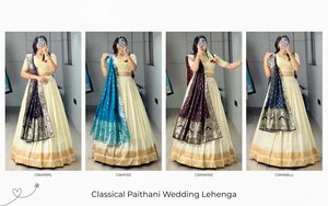 Traditional Indian Paithani Silk <b>Lehenga</b> Choli Set Blue Dupatta Cream <b>Skirt</b> Floor-Length Zari Work Wedding Wear Women's Regular - Product Image 2