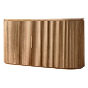 Contemporary Scandinavian <b>Sideboard</b> Credenza Solid Teak Ribbed Front Rounded Corner Large <b>Storage</b> Cabinet Minimalist - Product Image 3