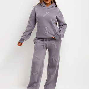 Ensemble de survêtement décontracté deux pièces pour femme, violet, avec sweat à capuche et pantalon de jogging, 100% coton, écologique, grandes tailles, fermeture à cordon, coupe large - Product Image 1
