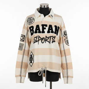 Camiseta de Rugby para Mujer, 280 GSM, Algodón, Color Beige Crema, con Paneles a Rayas, Estampado, Bordado, Logotipo Personalizado - Product Image 1