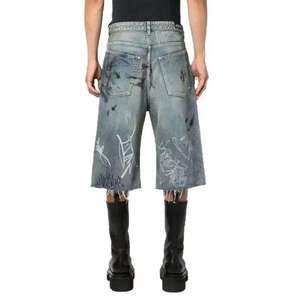 Pantalones Cortos Bermuda de Mezclilla Rasgados de Cintura Alta para Hombre con Estampado de Letras Dibujadas a Mano, Cierre de Botones, Estilo Urbano, de Lona de Algodón - Product Image 3