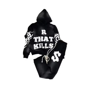 Ensemble de survêtement unisexe noir à capuche avec imprimé lettres blanches, style streetwear, coupe ample longue, fermeture à cordon, poches latérales - Product Image 1