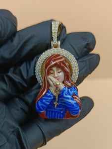 Pendentif Vierge Marie, Madone en prière avec halo de cristal, pendentif hip hop en argent 925, breloques religieuses pour femmes - Product Image 6