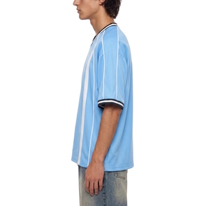 Maillot de football pour homme bleu ciel avec rayures latérales, col en V, bordure côtelée, vêtements de sport en gros - Product Image 2