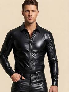 Men's Black Leather Look Long <b>Sleeve</b> <b>Dress</b> <b>Shirt</b> Turn Down Collar Solid Color Formal Winter Wear - Product Image 3