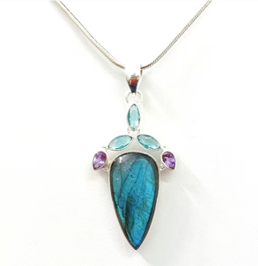 Classic Multi-Gemstone Silver 925 <b>Pendant</b> With Natural Labradorite Blue Topaz <b>Amethyst</b> Charm Wedding Party Occasion - Product Image 2
