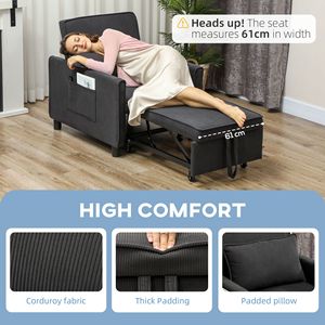 Fauteuil-lit convertible 3-en-1 gris foncé avec canapé extensible, dossier réglable et poches pour oreillers - Product Image 6