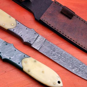 Couteau Bowie en acier Damas fait main de précision avec manche en bois de cerf et étui en cuir fin – Couteau d'extérieur en gros - Product Image 1